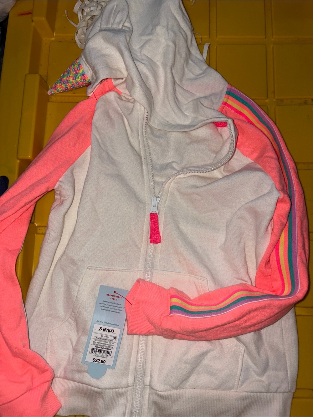 Cat & Jack Cream Zip Hoodie with Neon Pink Rainbow Stripe Sleeves